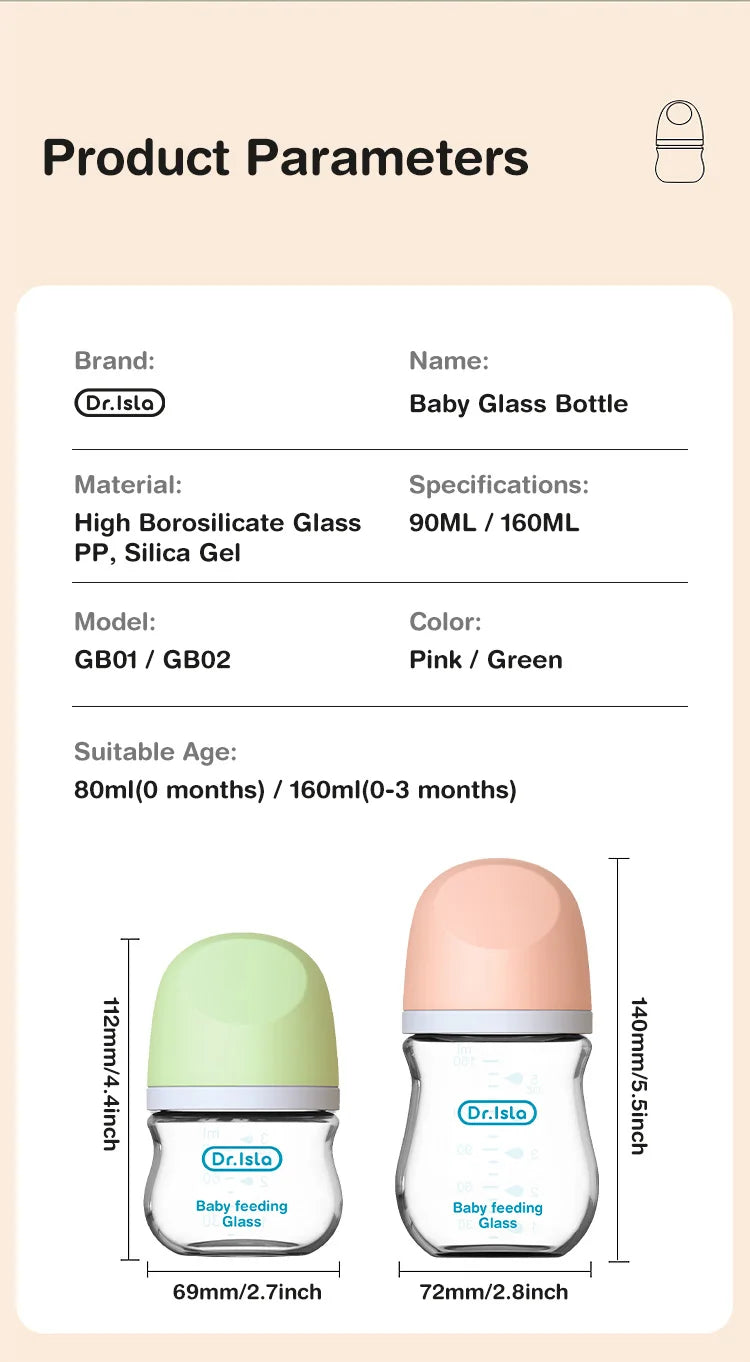 Glass Feeding Baby Bottle Infant 0-3 Month BPA Free ,Anti-colic